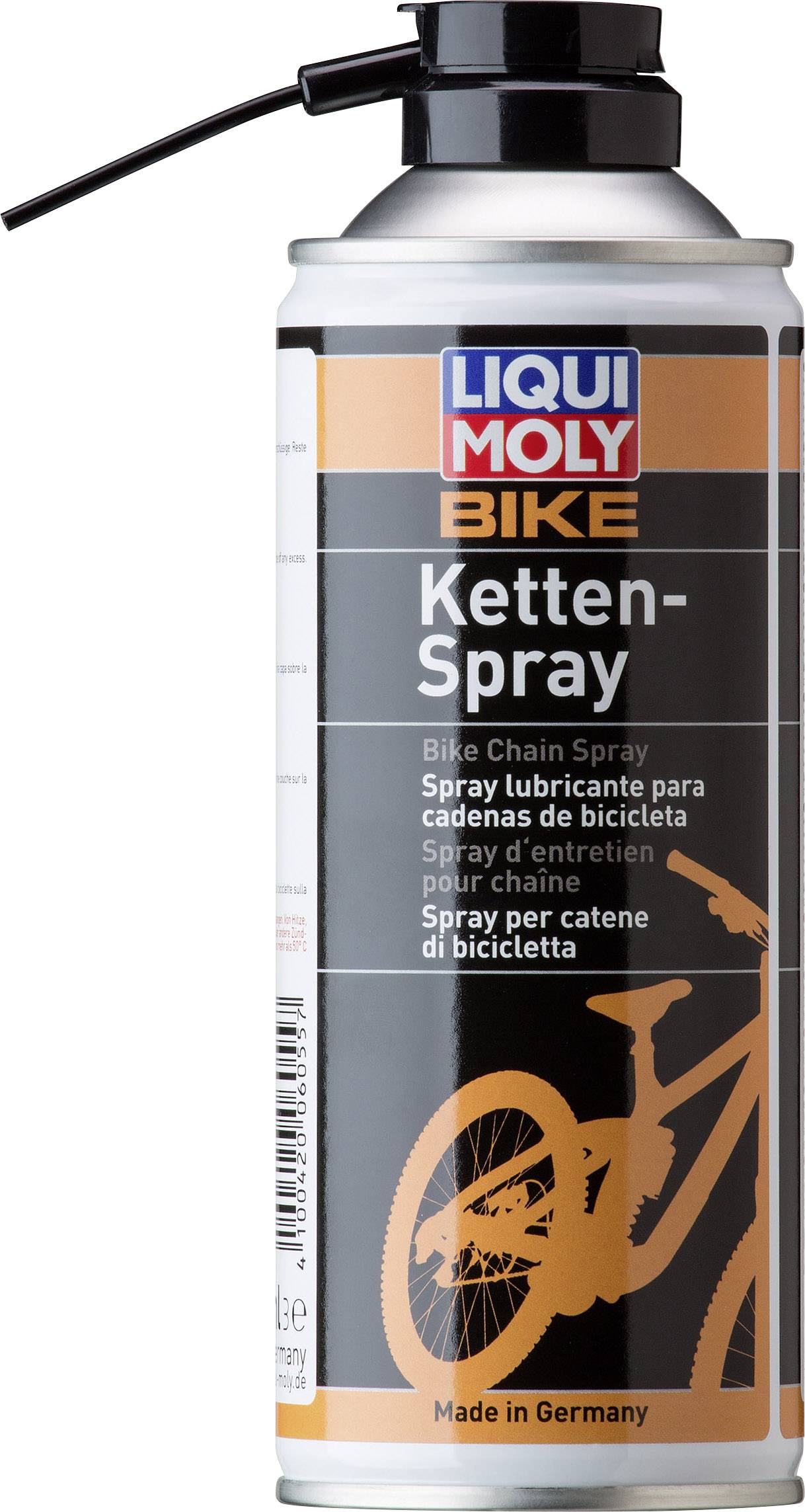 Fahrrad-Kettenspray-Dose mit der Aufschrift 'LIQUI MOLY Bike Ketten-Spray', geeignet für Fahrradkettenpflege, hergestellt in Deutschland.