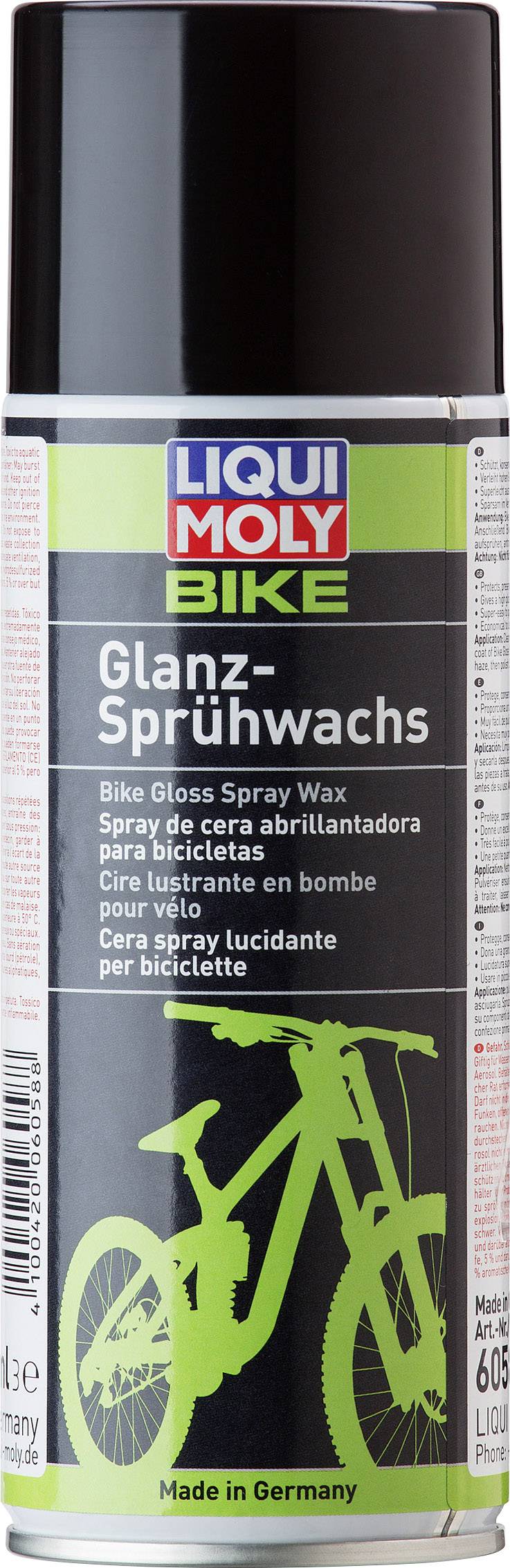Aerosoldose mit Liqui Moly Bike Glanz-Sprühwachs, illustriert mit Fahrradgrafik, mehrsprachige Beschreibung, hergestellt in Deutschland.