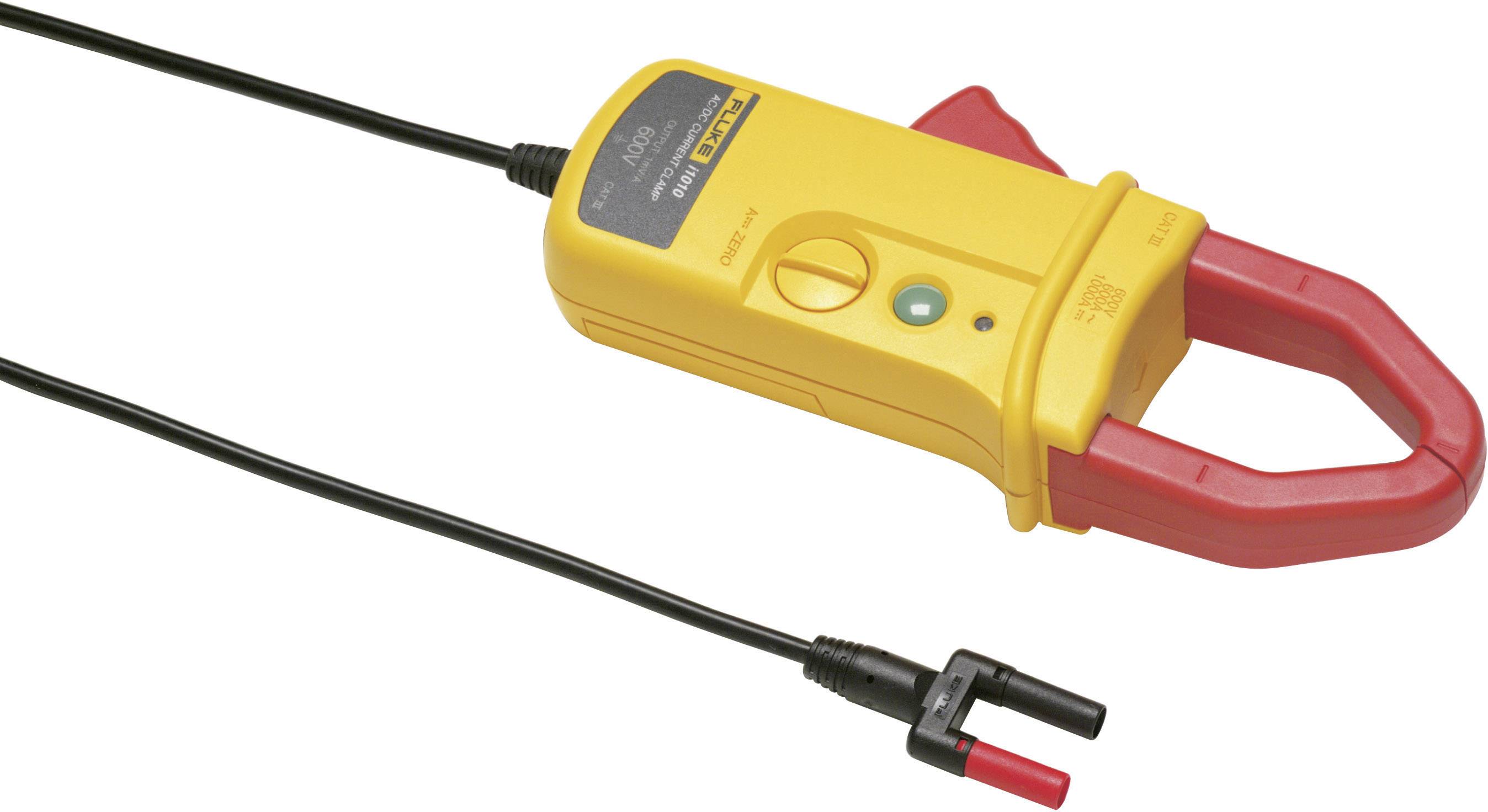 Ein gelbes Zangenamperemeter mit roter Klemmbacke und schwarzem Kabel, verwendet zur Strommessung in elektrischen Leitungen.