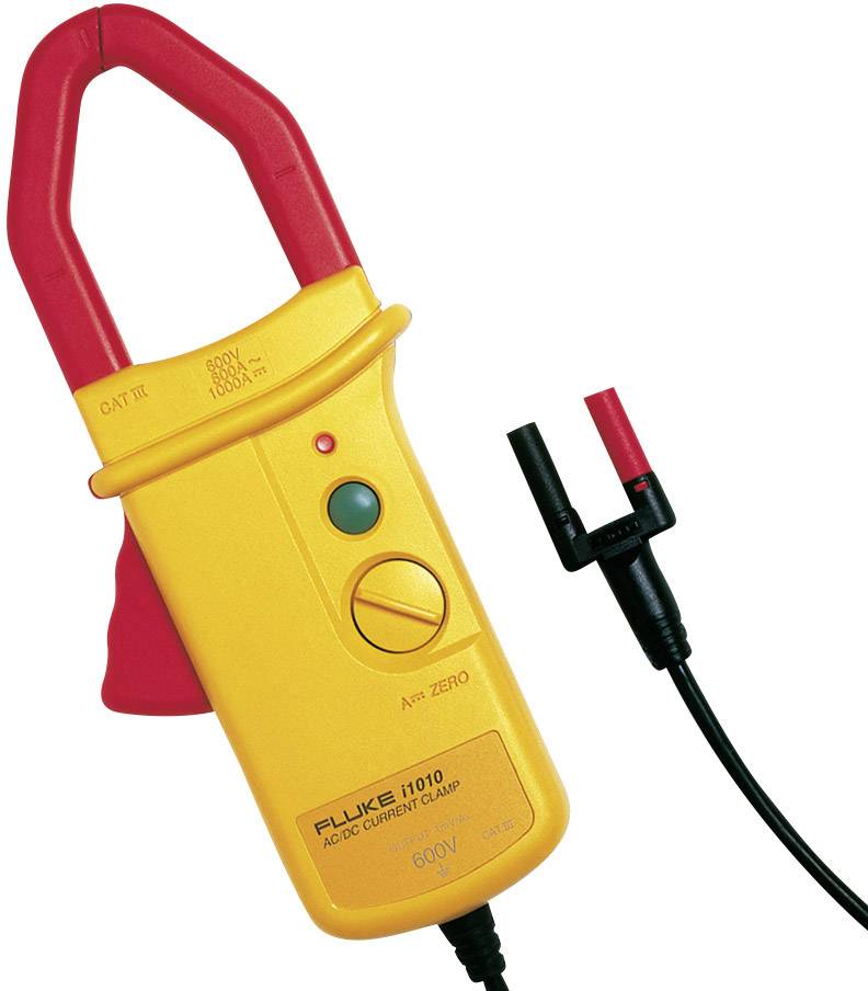 Ein gelbes Strommessgerät mit roten Backen und einem Kabel mit schwarzem und rotem Stecker, verwendet zur Strommessung.