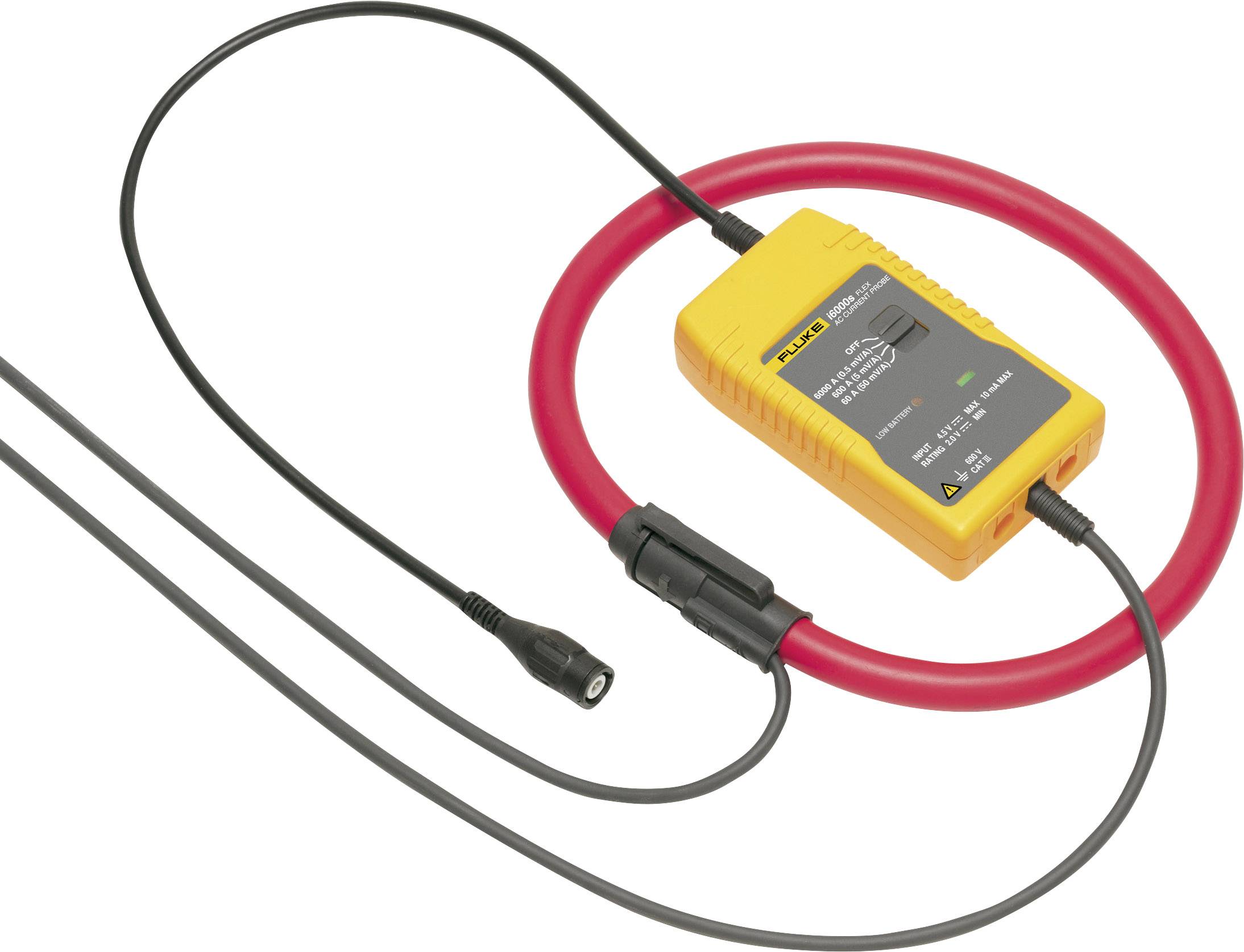 Ein Messgerät mit gelbem Gehäuse und rotem Flex-Messzubehör. Verwendet zur Strommessung und Diagnose in elektronischen Anwendungen.