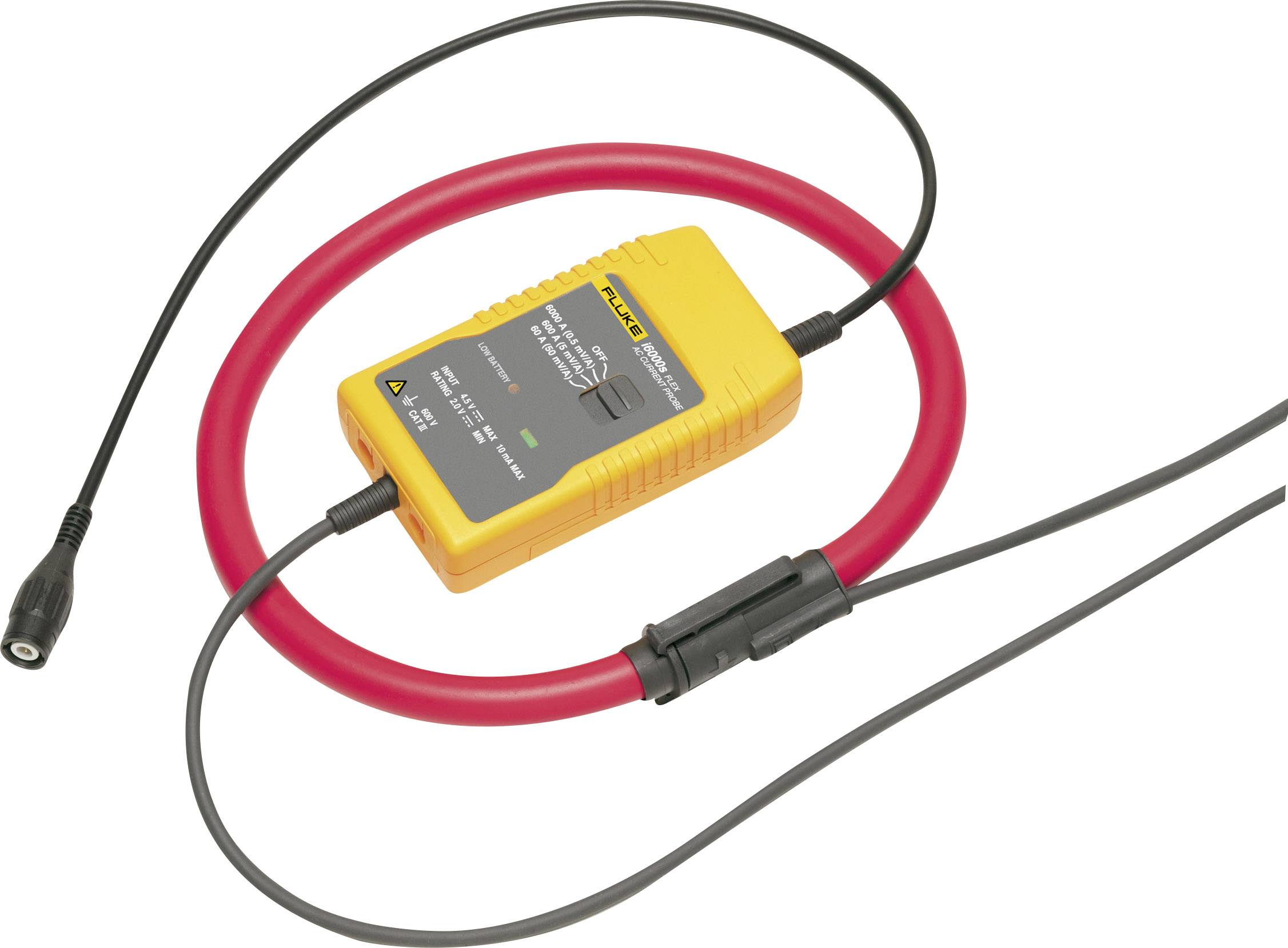 Ein gelbes elektronisches Gerät mit rotem Kabel, verwendet zur Strommessung; zeigt eine digitale Anzeige und Anschlusskabel.