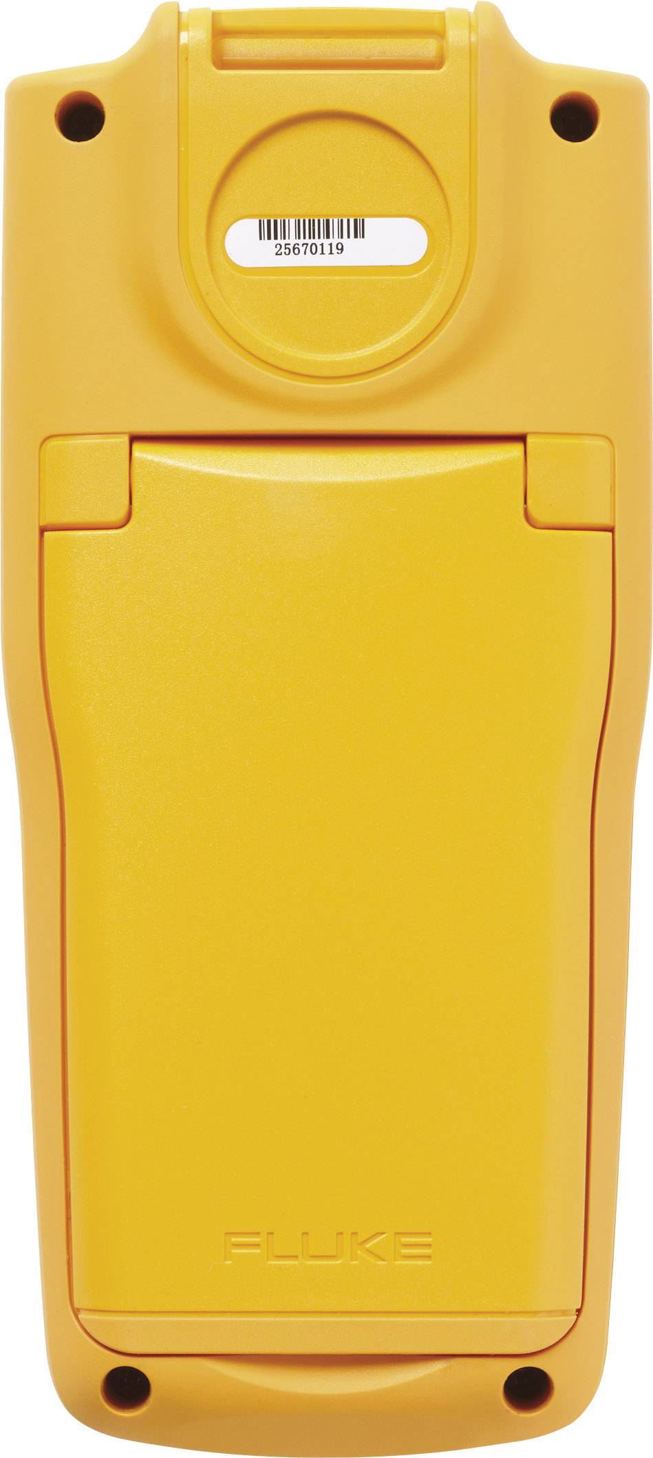 Ein gelbes tragbares elektronisches Messgerät von hinten, mit einer einklappbaren Stütze und einer Seriennummer oben.