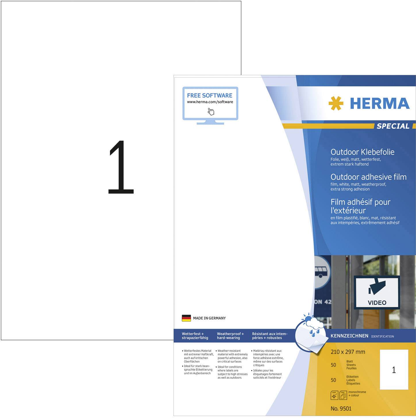 'Herma Outdoor Klebefolie' Verpackung: Wetterfeste, transparente Klebefolie für den Außenbereich. Maße: 210 x 297 mm.
