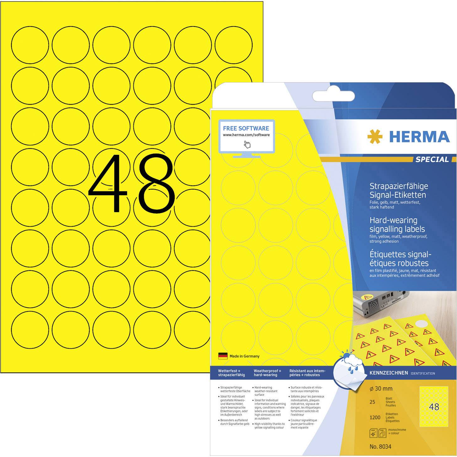 Herma 8034 Signal-Etiketten Ø 30 mm Folie Gelb 1200 St. Permanent haftend Farblaserdrucker, Laserdrucker, Farbkopierer, Kopierer, Handbeschriftung