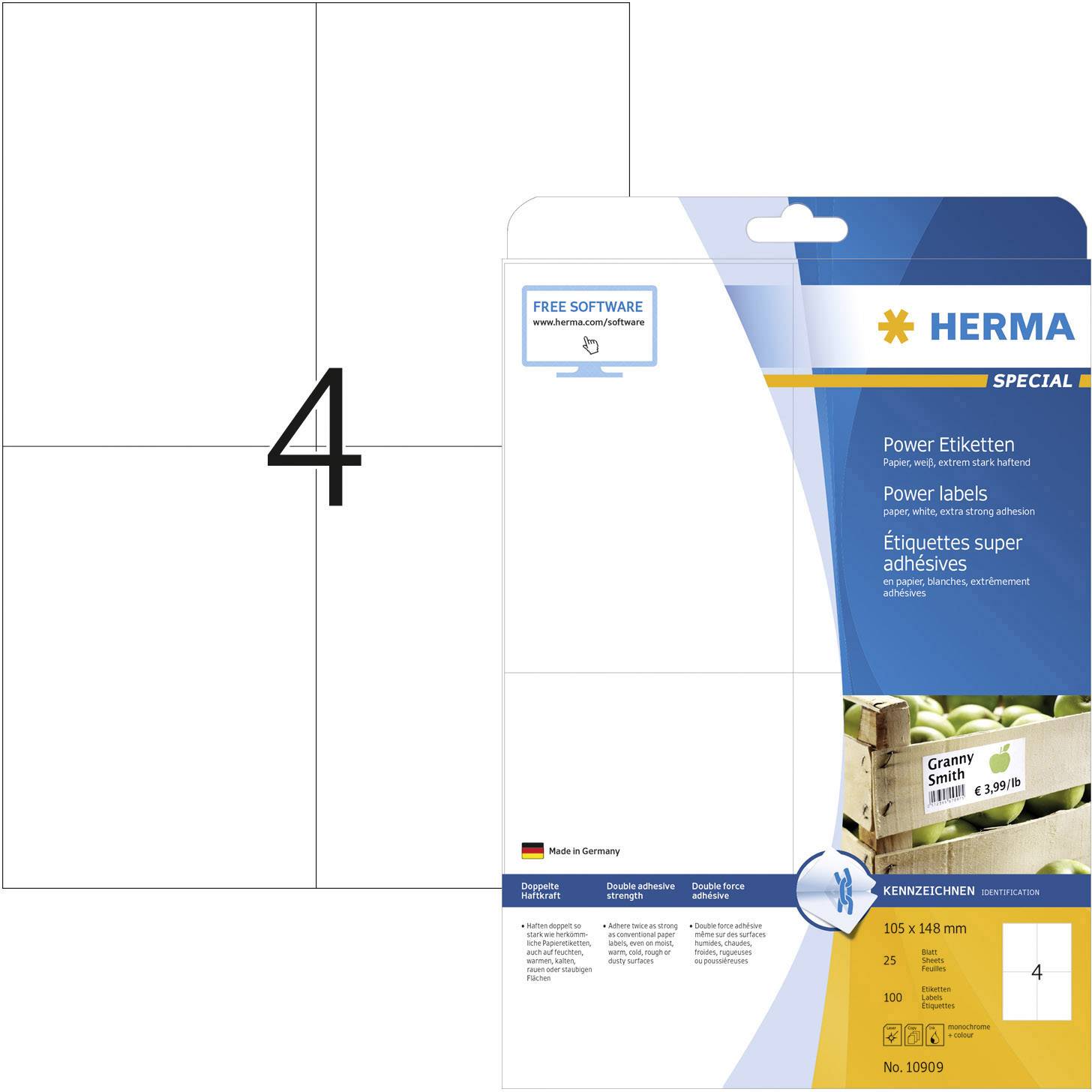 'HERMA Super-Etiketten' Verpackung mit vier Etiketten im Format 105 x 148 mm. Die Etiketten sind für Grammysmith Äpfel.