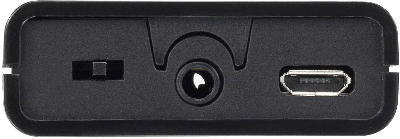 Schwarze elektronische Schnittstelle mit mehreren Anschlüssen: quadratische, runde und Micro-USB-Buchse.