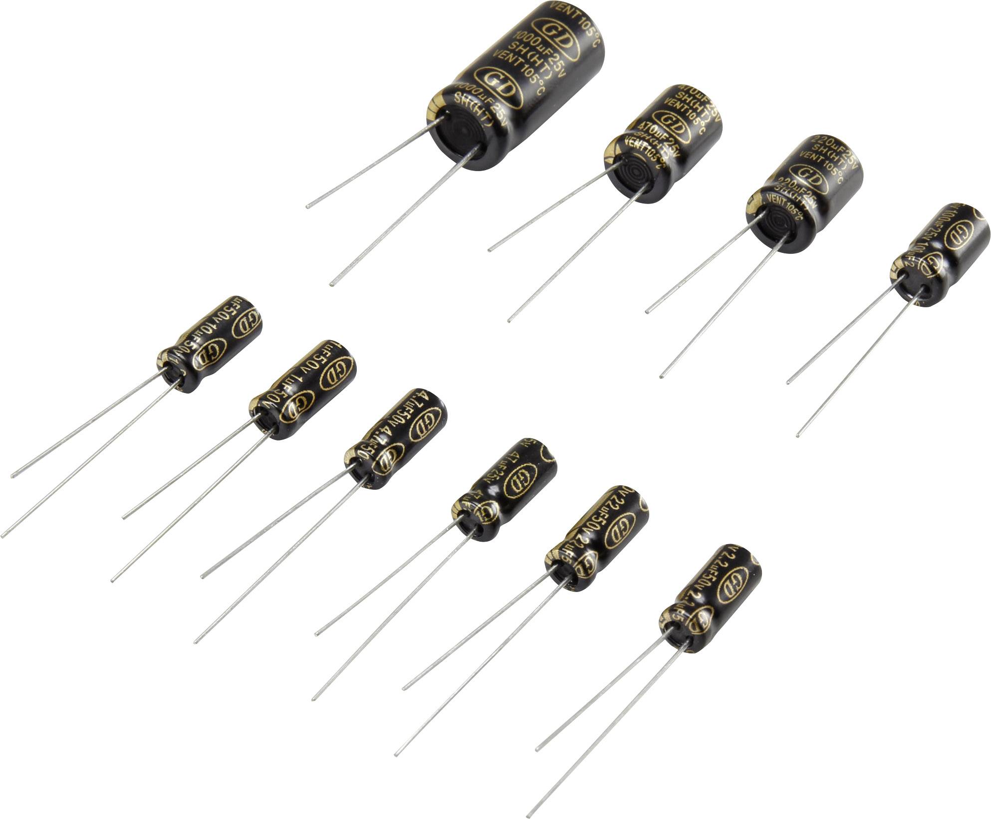 Mehrere radial bedrahtete Elektrolytkondensatoren unterschiedlicher Größe auf weißem Hintergrund, dargestellt für elektronische Anwendungen.