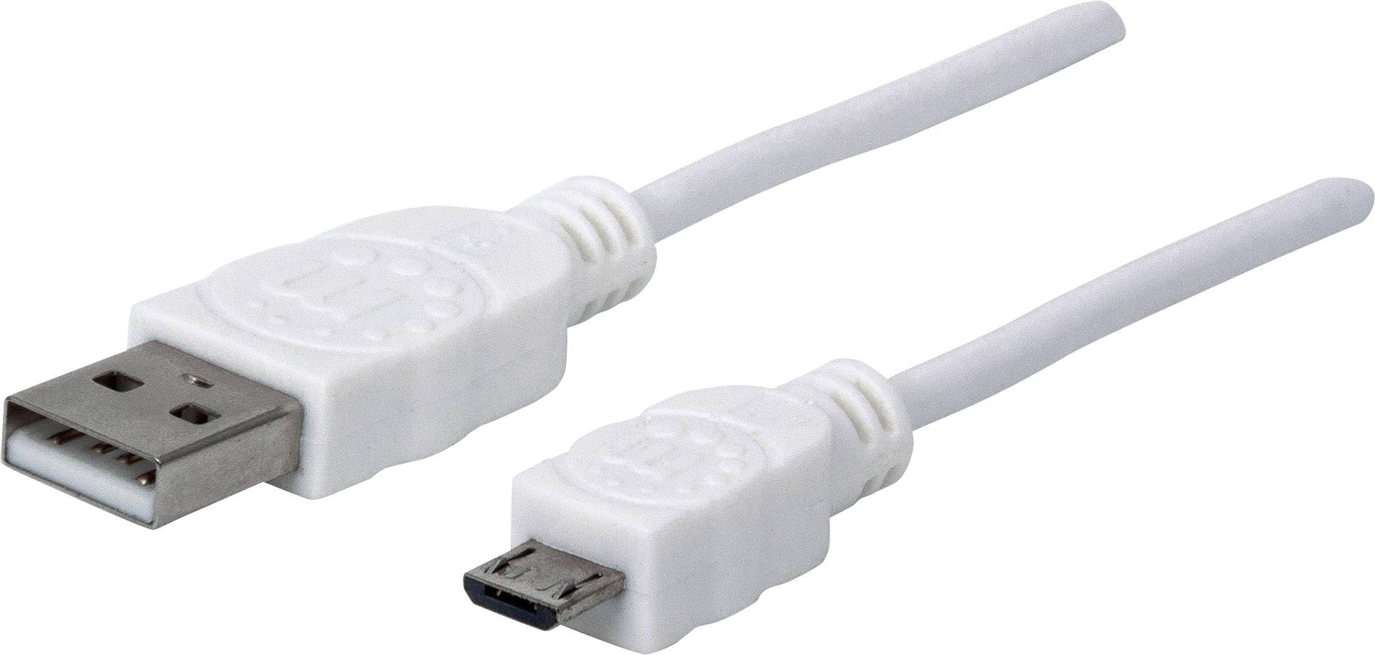 Weißes USB-Kabel mit großem USB-A-Stecker und kleinem Micro-USB-Stecker, geeignet zum Verbinden von Geräten.