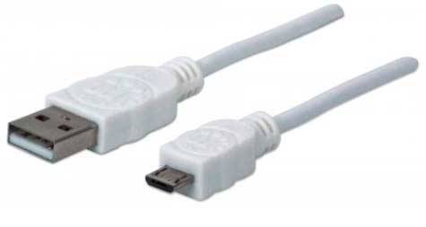 Zwei weiße Kabel: Ein USB-Stecker links, ein Mikro-USB-Stecker rechts. Verwendet zum Verbinden von Geräten mit Computern oder Ladegeräten.