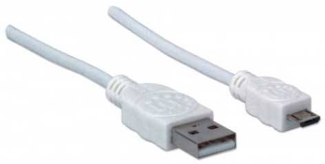 Zwei weiße Kabel, eines mit USB-Anschluss und das andere mit Micro-USB-Anschluss, liegen parallel nebeneinander.