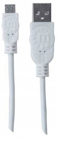 Ein weißes USB-Kabel mit einem Standard-USB-Stecker auf der einen Seite und einem Mikro-USB-Stecker auf der anderen Seite.