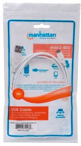 'Manhattan USB-Kabel' in Verpackung, gezeigte Anschlüsse: USB-A zu Micro-USB. Verpackung beschriftet mit Nutzen für Datentransfer und Laden.