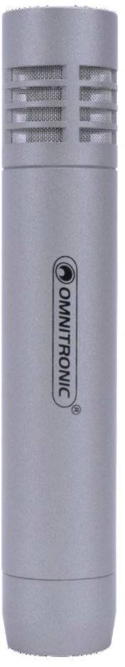 Silbernes Mikrofon mit dem Logo 'OMNITRONIC' auf der Seite, zylindrische Form, feine Lüftungsschlitze oben.