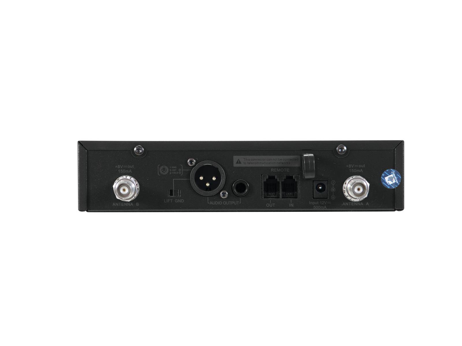 Rückseite eines Audio-Transmitters mit Anschlussbuchsen: XLR, Strom, und Antenne. Eignung für professionelle Audiogeräte.