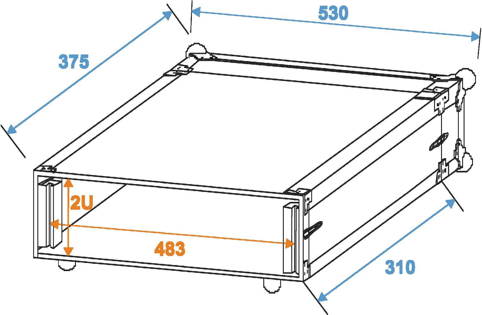 Diagramm eines 2U-Rackgehäuses mit Abmessungen: Breite 483 mm, Tiefe 530 mm, Höhe 2U. Seitliche Maße: 375 mm und 310 mm.