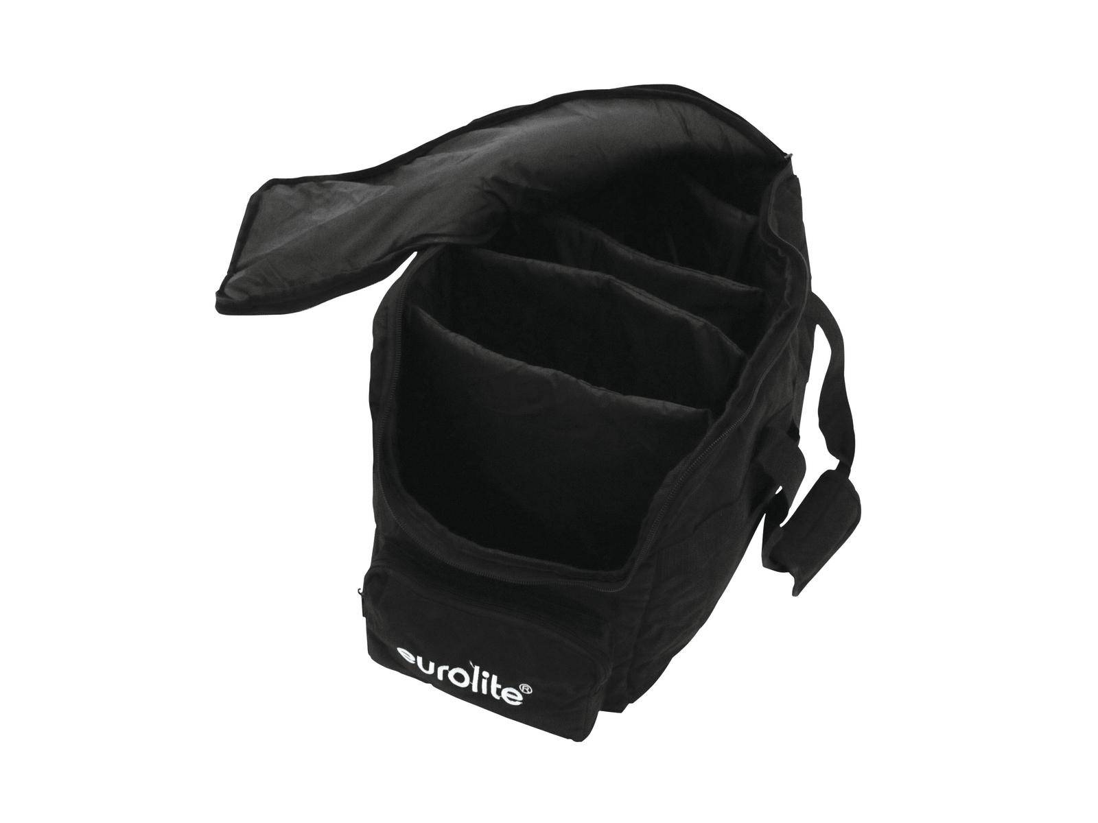 Schwarze Tragetasche mit offener Klappe, drei gepolsterten Fächern und bedrucktem 'eurolite'-Logo. Geeignet zur Aufbewahrung von Equipment.