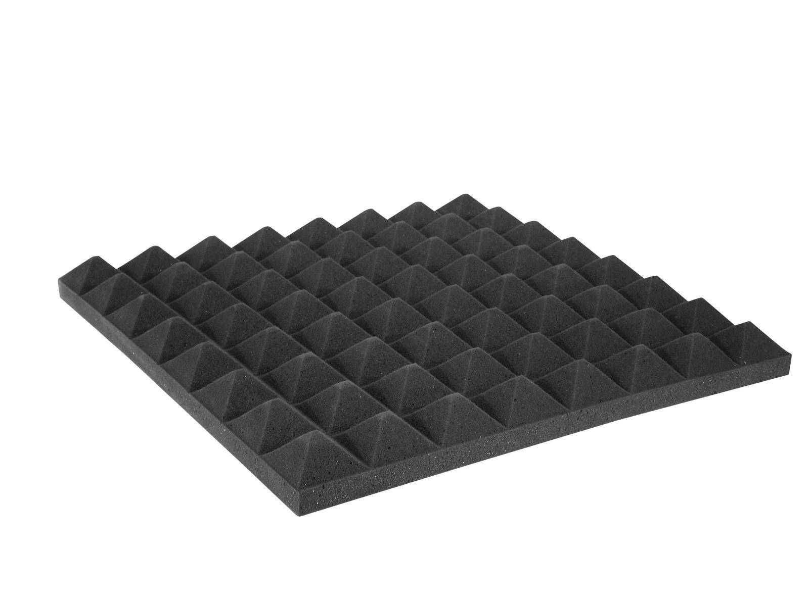 Akustik-Schaumstoffplatte mit pyramidenförmiger Oberfläche zur Schallabsorption. Dünne, quadratische Form in schwarzer Farbe.