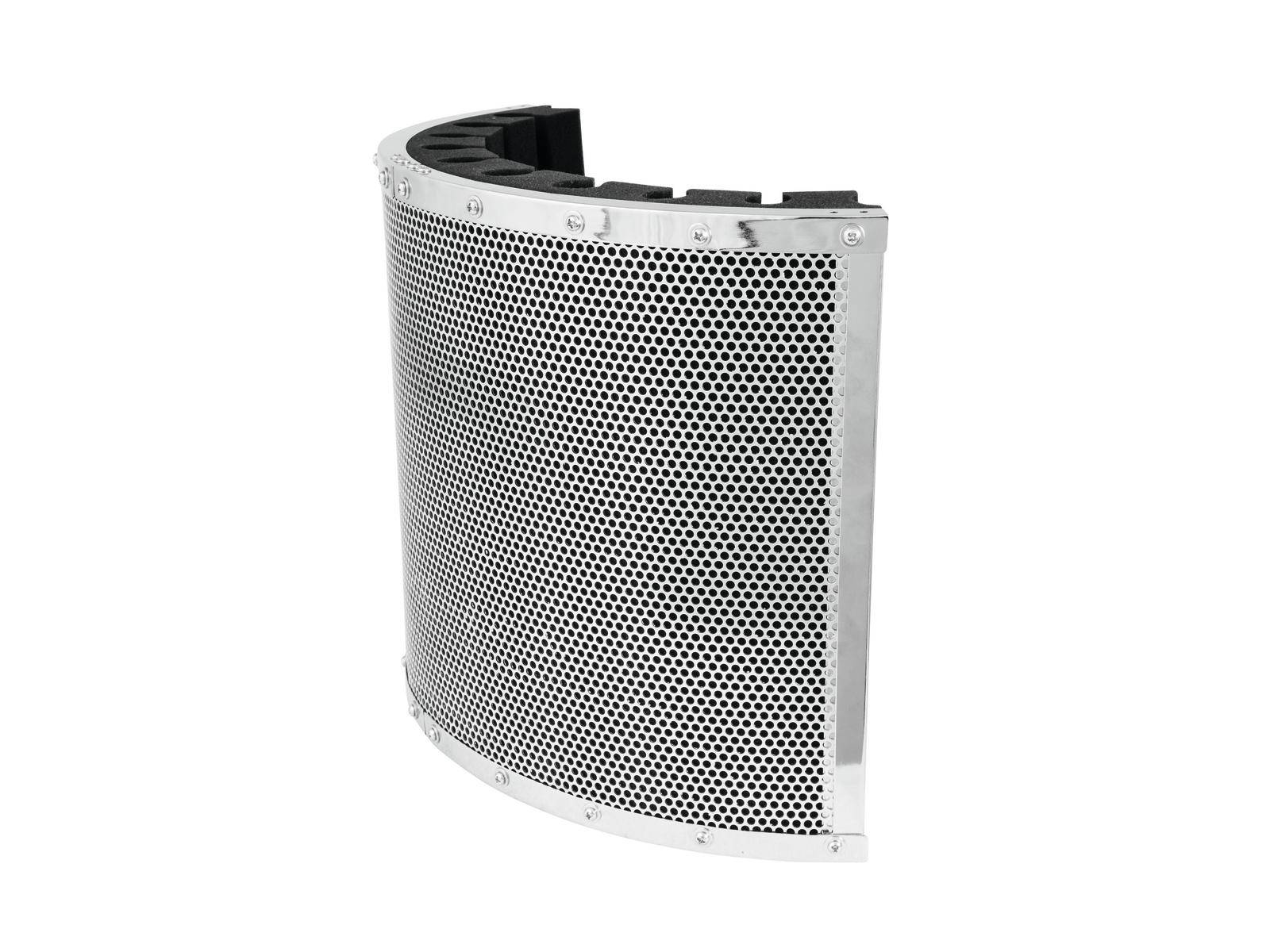 Metallgitterabdeckung in gebogener Form, vermutlich für Lautsprecher oder Belüftung. Silbernes Material mit kleinen, kreisförmigen Löchern.