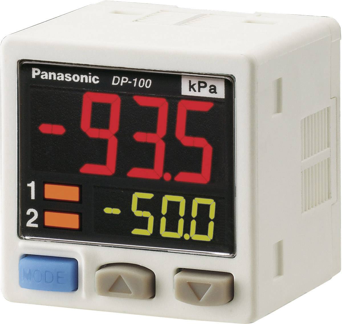 Weißes digitales Manometer von Panasonic, Modell DP-100, mit roten und gelben LED-Anzeigen, die -93,5 kPa und -50,0 anzeigen.