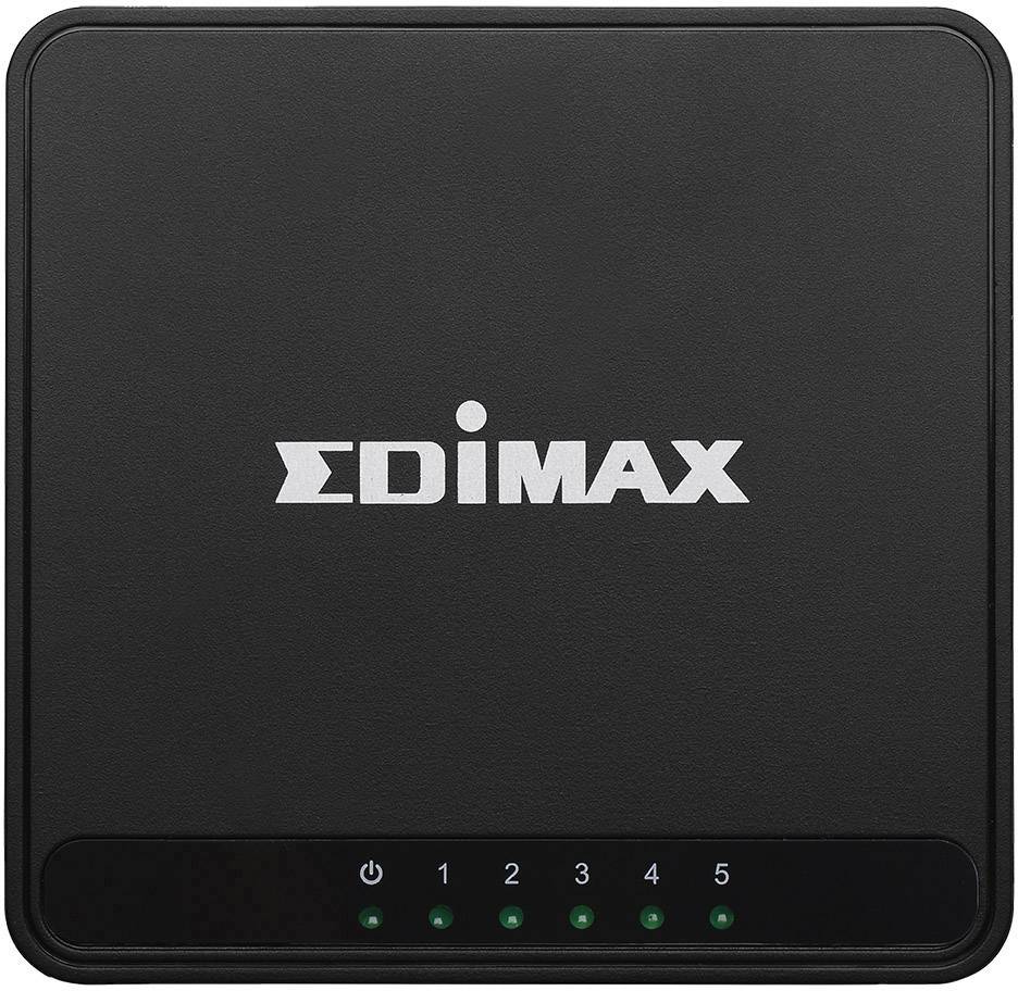 Ein schwarzer Router mit dem Logo 'Edimax' auf der Vorderseite. Unten fünf leuchtende LED-Anzeigen.