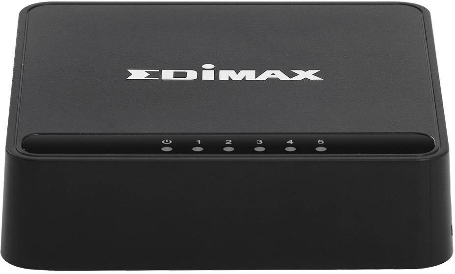 'Edimax Netzwerk-Switch' in rechteckigem, schwarzem Gehäuse mit fünf Netzwerkanschlüssen.