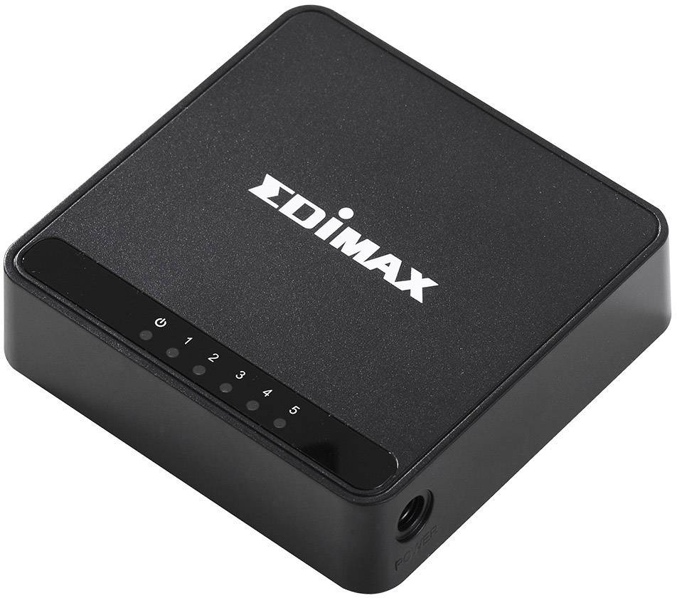 Ein schwarzer Netzwerk-Switch mit der Beschriftung 'EDIMAX'. Auf der Vorderseite sind fünf nummerierte LED-Anzeigen zu sehen.