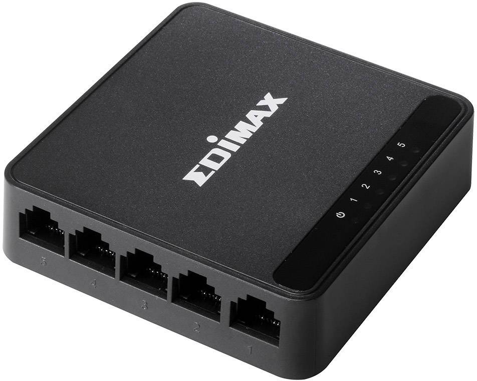 Ein schwarzer Edimax-Netzwerk-Switch mit fünf Ethernet-Ports, nummeriert von 1 bis 5, und LED-Anzeigen zur Überwachung der Verbindung.