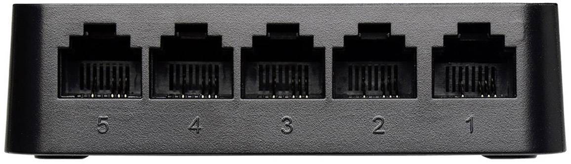 Fünf Ethernet-Anschlüsse an einem Netzwerk-Switch, nummeriert von 1 bis 5, auf einer schwarzen Oberfläche angeordnet.