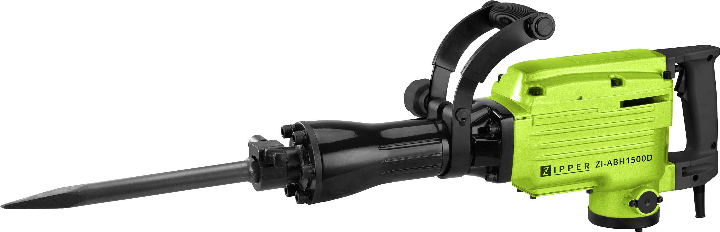 Ein grüner Abbruchhammer mit schwarzem Bohrmeißel, Haltegriffen und dem Aufdruck 'Zipper ZI-ABH1500D', geeignet für Bauarbeiten.