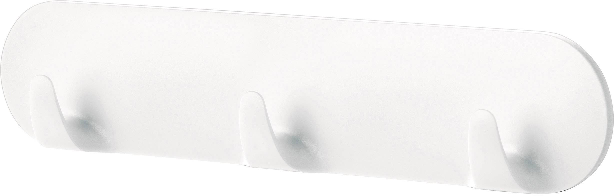 Weiße Wandhakenleiste mit drei Haken, geeignet zum Aufhängen von leichten Gegenständen wie Handtüchern oder Accessoires.