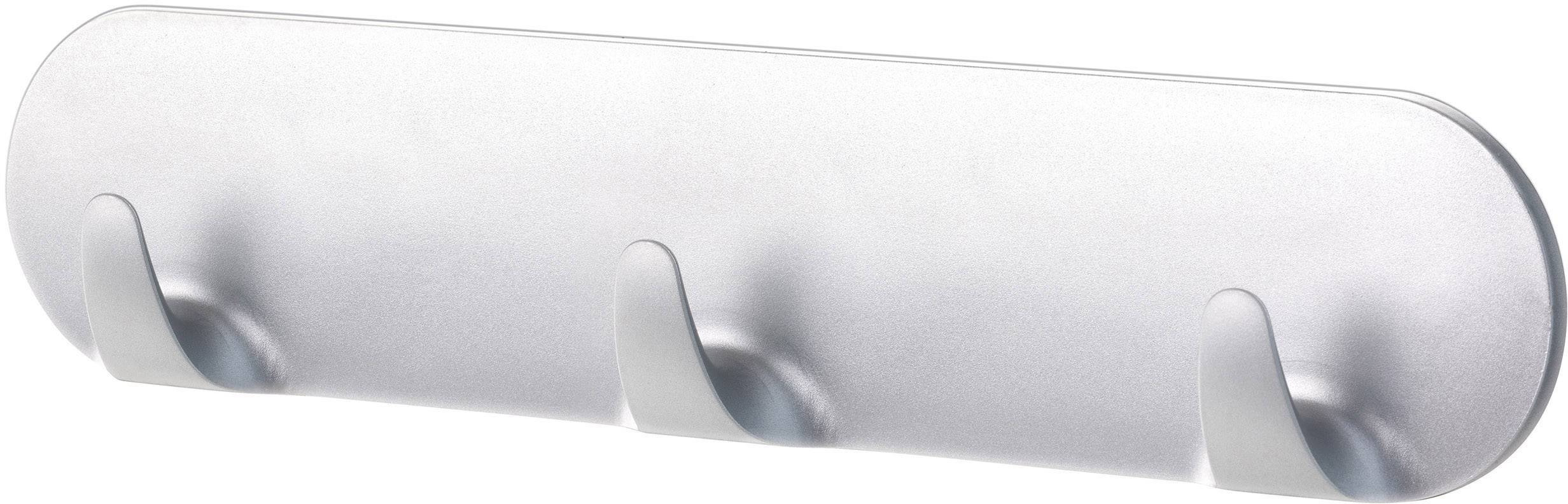 Metallischer Kleiderhaken mit drei abgerundeten Haken auf einer langen, ovalen Platte. Ideal für das Aufhängen von Kleidung oder Handtüchern.