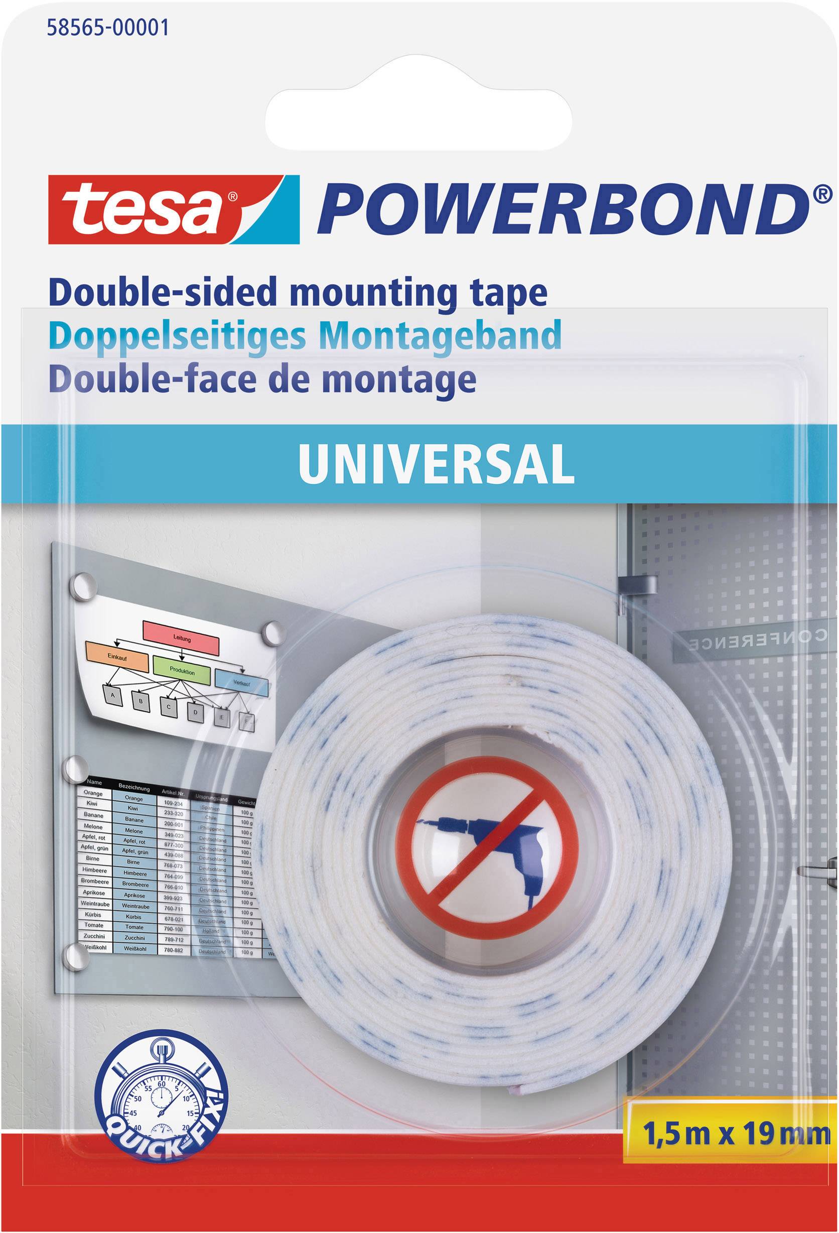 Verpackung für 'tesa Powerbond' universelles doppelseitiges Klebeband, 1,5 m x 19 mm. Anwendungsbeispiel zeigt Montage an der Wand.