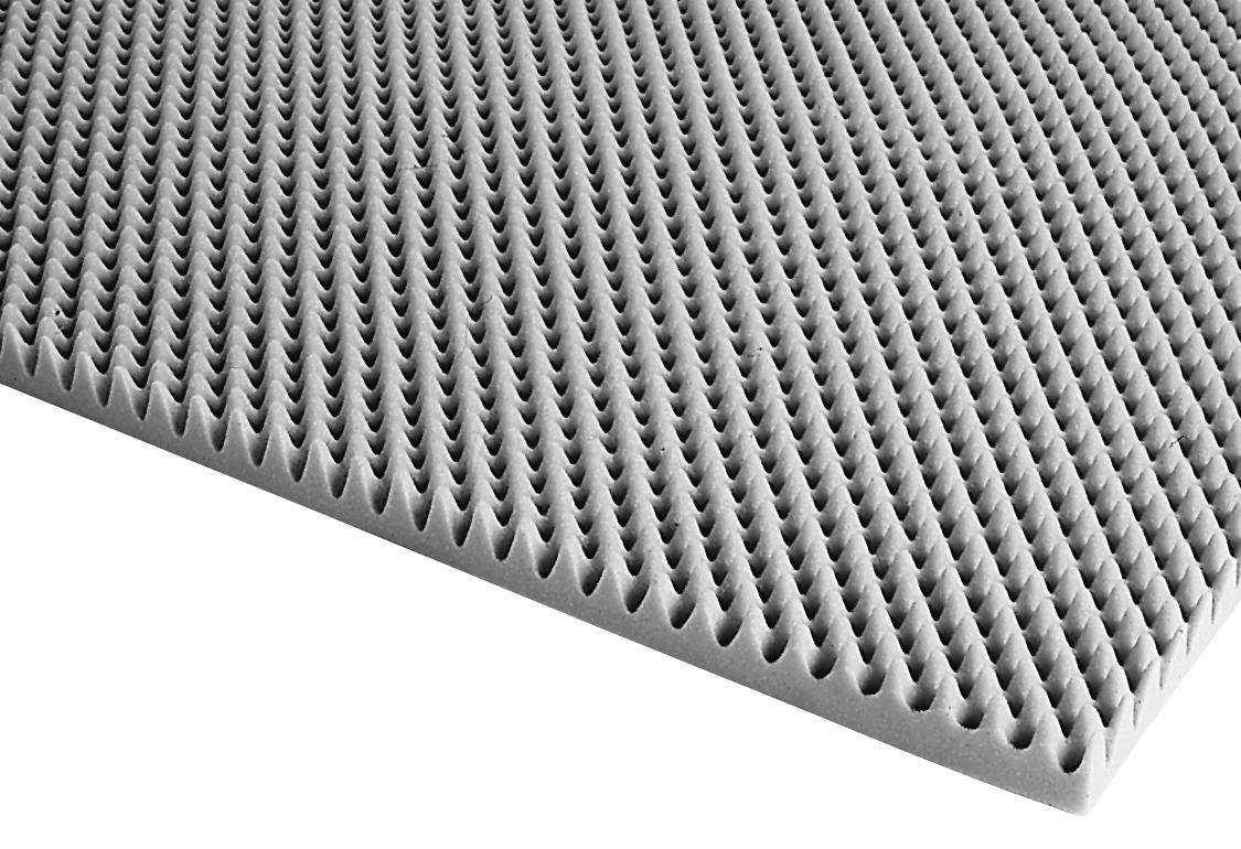 Graue Schaumstoffmatte mit pyramidenförmiger Struktur. Dient zur Schalldämmung und Akustikverbesserung in Räumen.