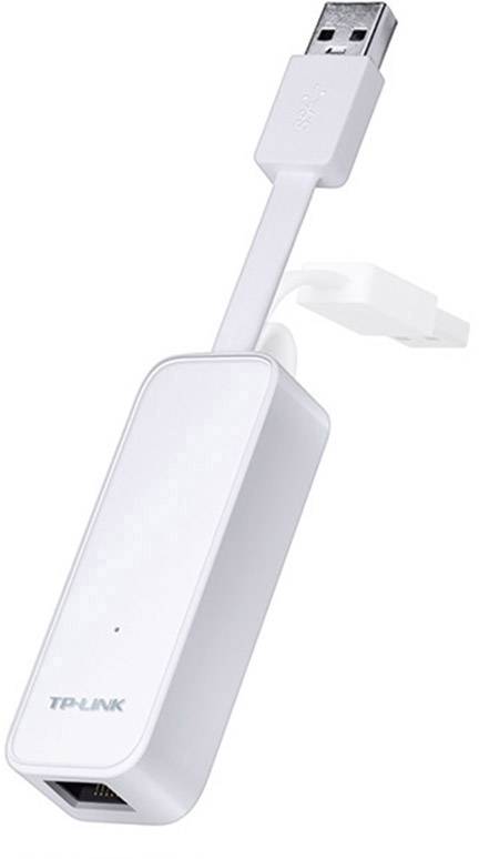 Ein kompakter weißer USB-Netzwerkadapter von TP-Link mit Ethernet-Anschluss, geeignet zur Verbindung eines Computers mit einem kabelgebundenen Netzwerk.