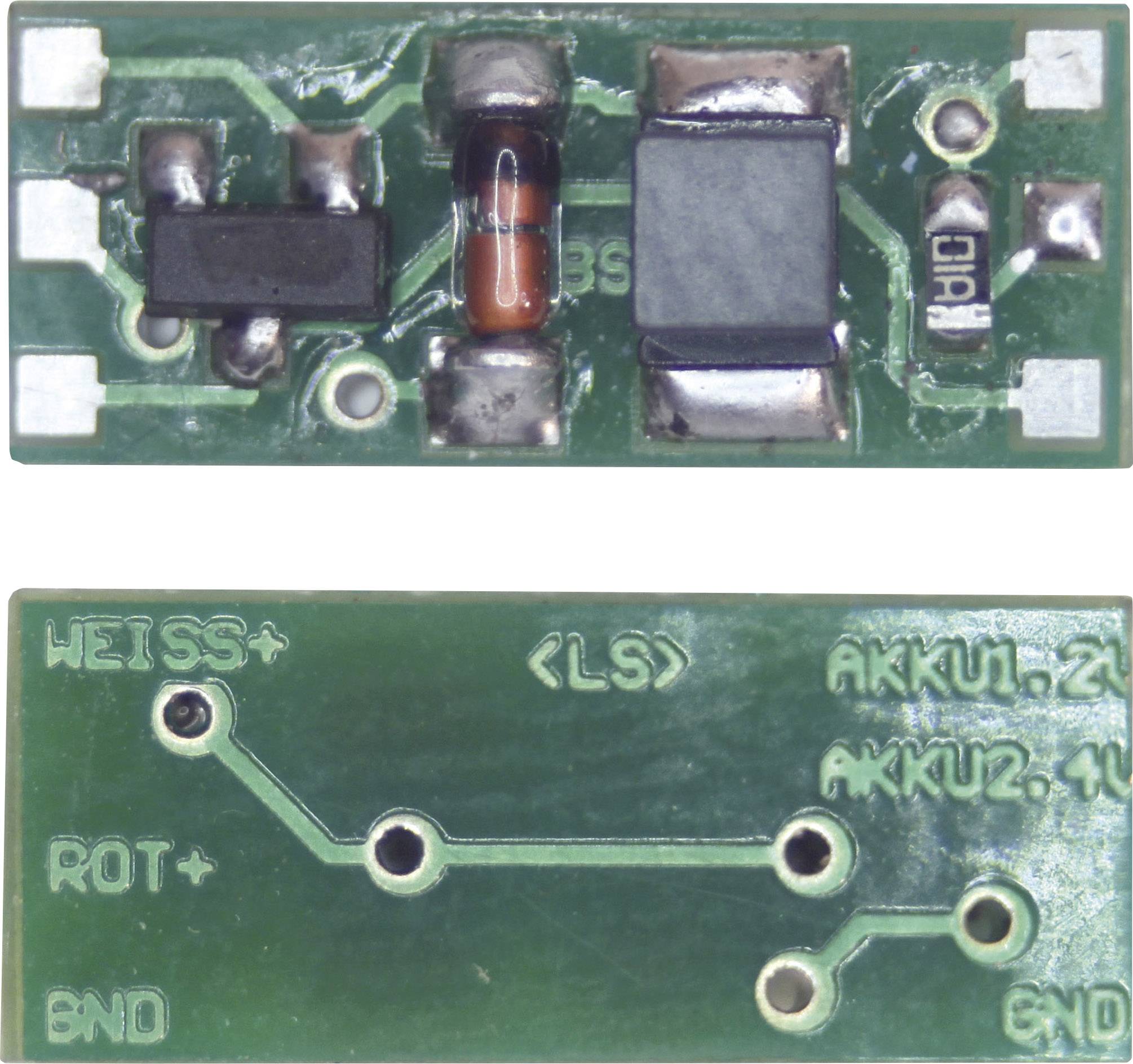 Obere Seite einer grünen Platine mit elektronischen Bauteilen wie Widerständen und Kondensatoren. Untere Seite zeigt Leiterbahnen und Beschriftungen: WEISS+, ROT-, LS, AKKU1, AKKU2, GND.