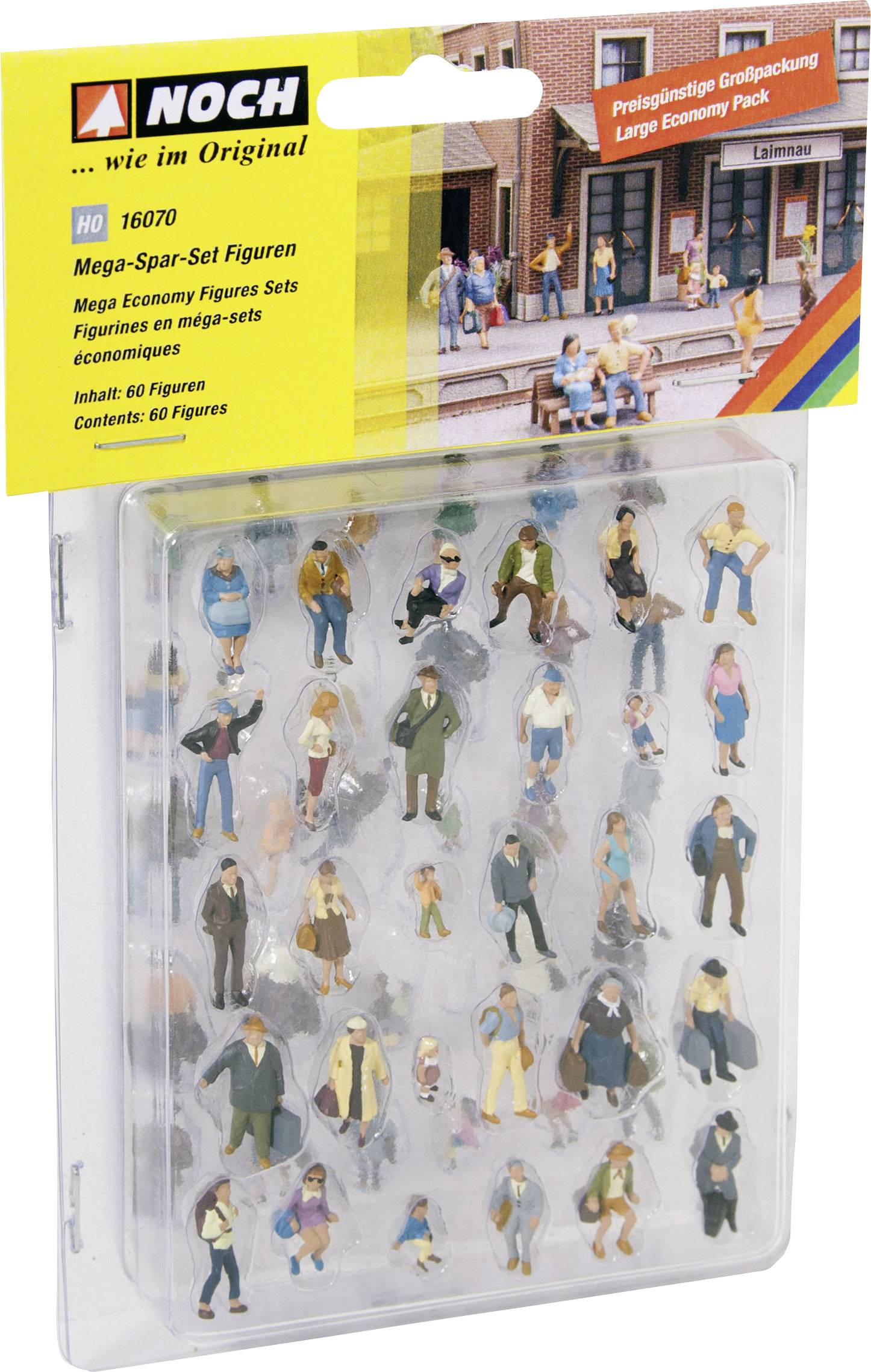 Verpackungsblister mit Miniaturfiguren in verschiedenen Posen und Outfits, hergestellt von Noch als 'Mega-Spar-Set Figuren'.