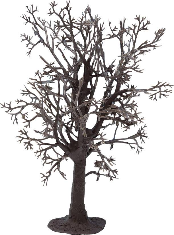 Ein kahler Baum ohne Blätter, dessen Zweige gleichmäßig verteilt sind. Der Baum steht auf einer runden Basis.