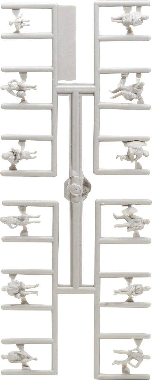 Ein Gussrahmen mit kleinen, unbemalten Miniaturfiguren, die in verschiedenen Posen gehalten sind.