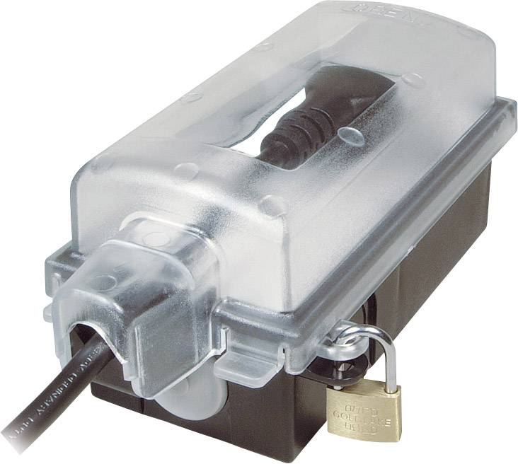 Elektrische Steckerverbindung mit wetterfester Schutzabdeckung und Vorhängeschloss zur Sicherung vor unbefugtem Zugriff.