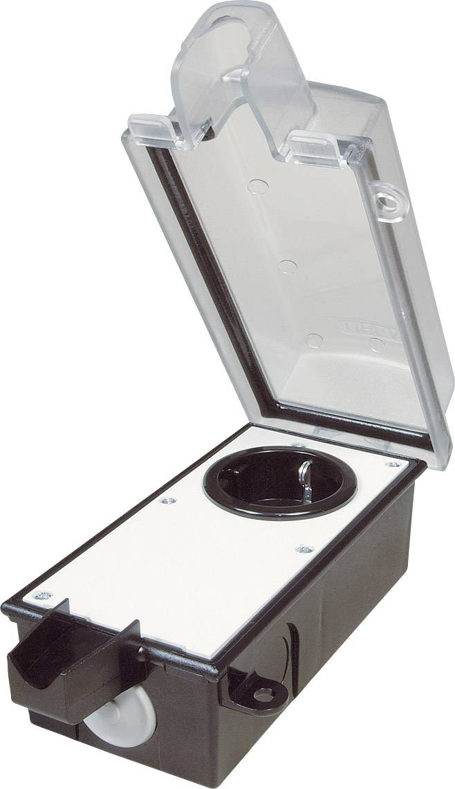 Schutzkontaktsteckdose mit offenem, transparentem Schutzdeckel, geeignet für den Außenbereich. Schwarzes Gehäuse, weiße Plattform.