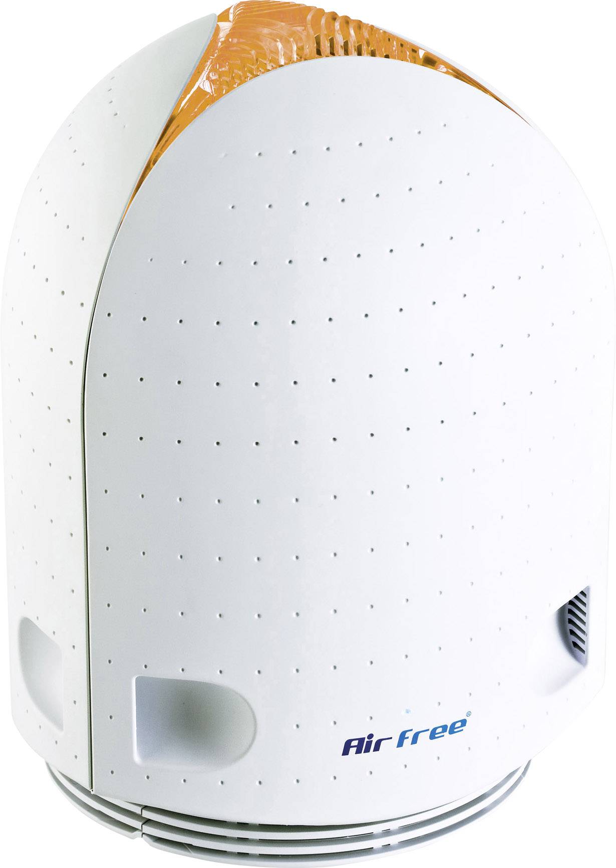 Ein weißer, eiförmiger Luftreiniger mit kleinen Löchern und einem orangefarbenen Licht oben. Auf der Vorderseite steht 'AirFree'.