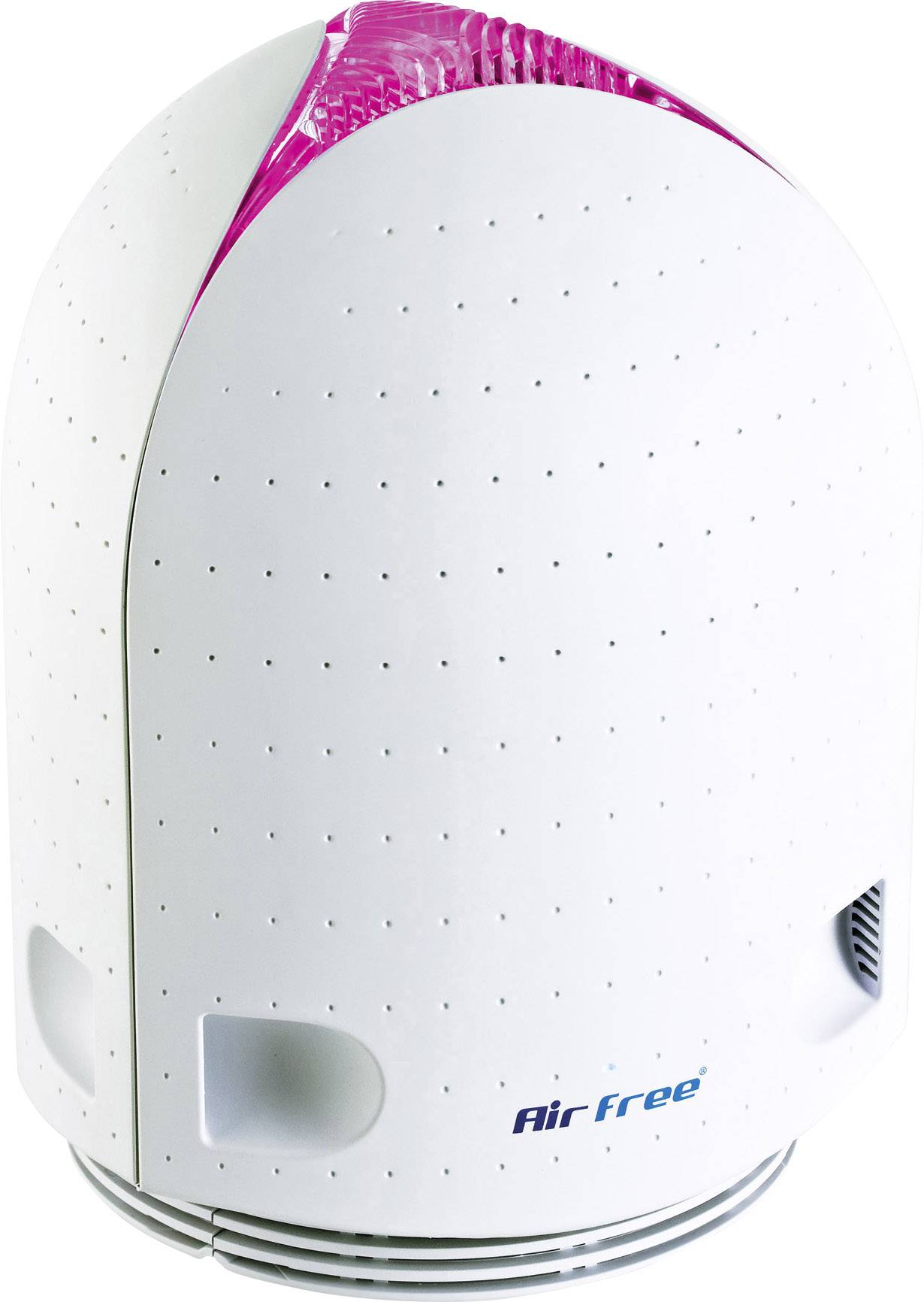 Ein weißer Luftreiniger mit ovaler Form und rosa Oberseite. Markenname 'AirFree' auf der Vorderseite.