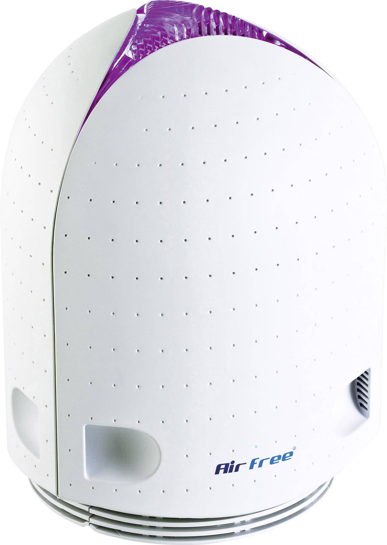 Luftreiniger mit ovalem, weißem Gehäuse und lila Oberseite. Markenname 'AirFree' auf der Vorderseite.