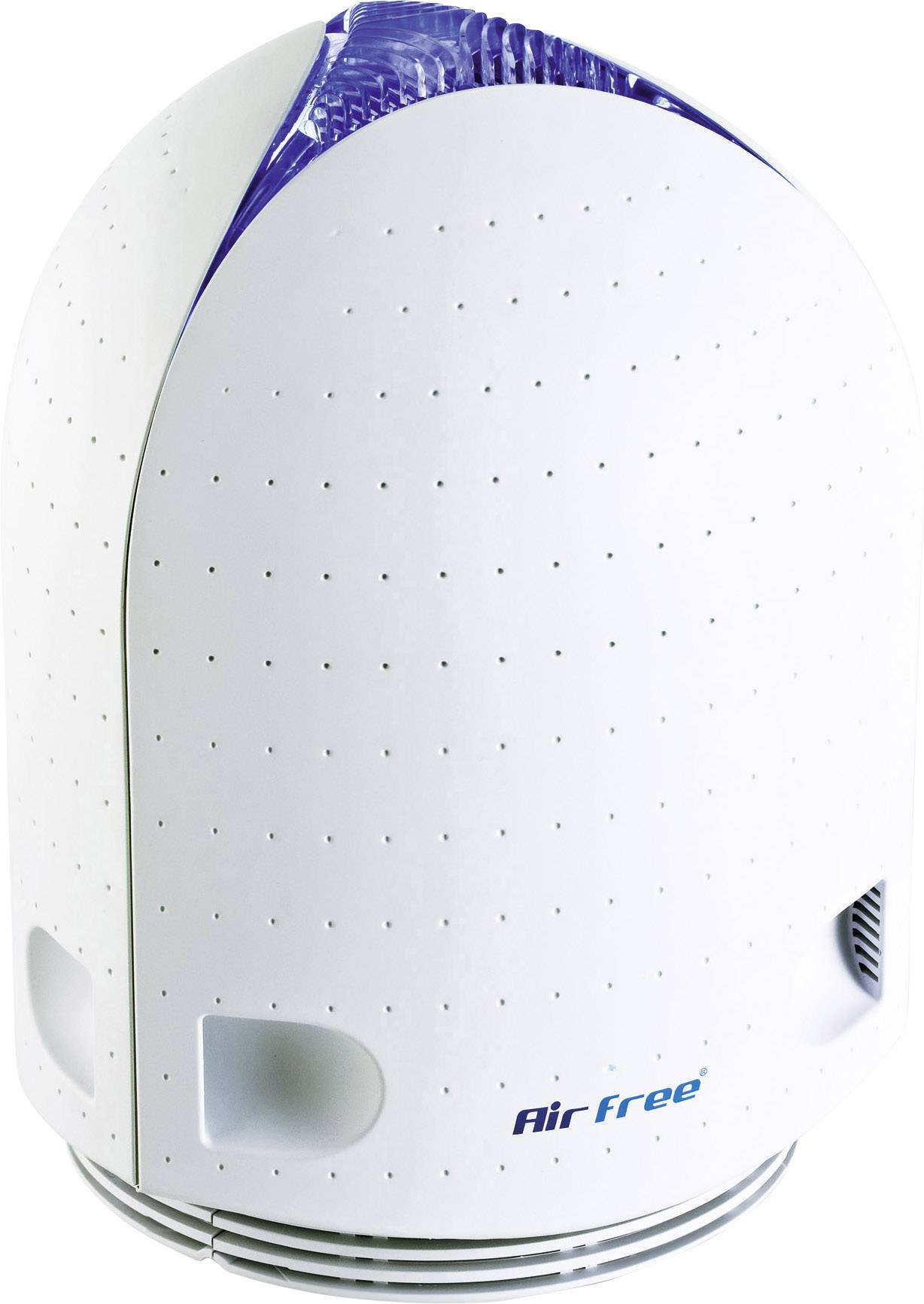 Ein weißer Luftreiniger mit ovaler Form und kleinen Lüftungsöffnungen, blauem Licht sichtbar oben. Markenname 'AirFree' aufgedruckt vorne.
