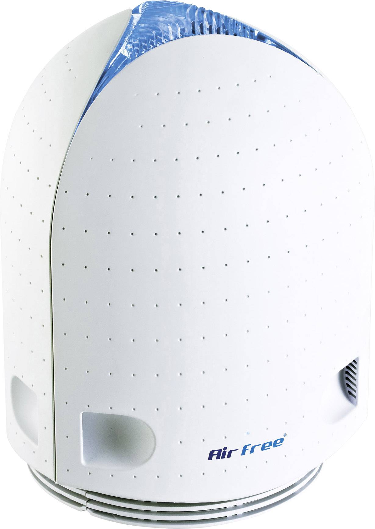 Ein weißer, eiförmiger Luftreiniger mit kleinen Lüftungsschlitzen und dem Markennamen 'AirFree' auf der Vorderseite.