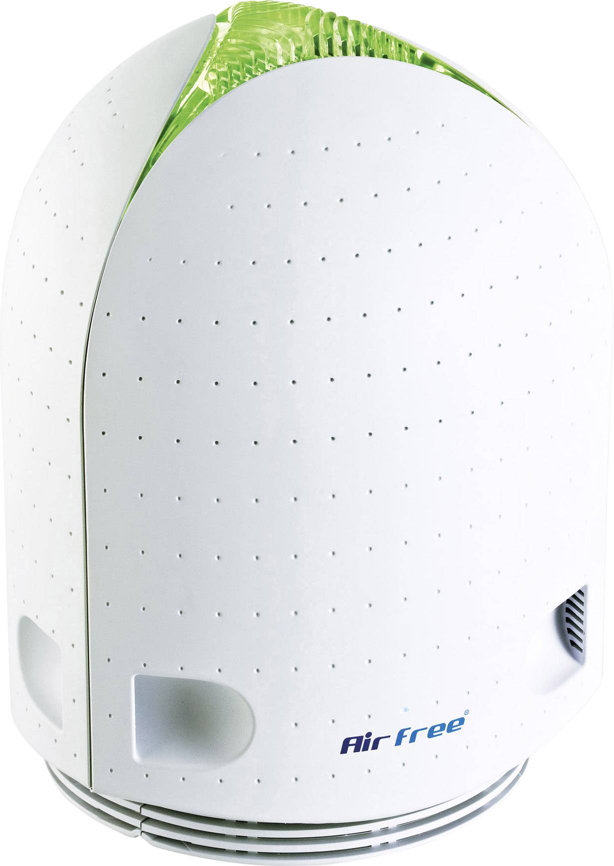 Ein weißer, eiförmiger Luftreiniger mit grünen Lichteffekten, schmalen Lüftungsschlitzen und dem blauen Logo 'AirFree' auf der Vorderseite.