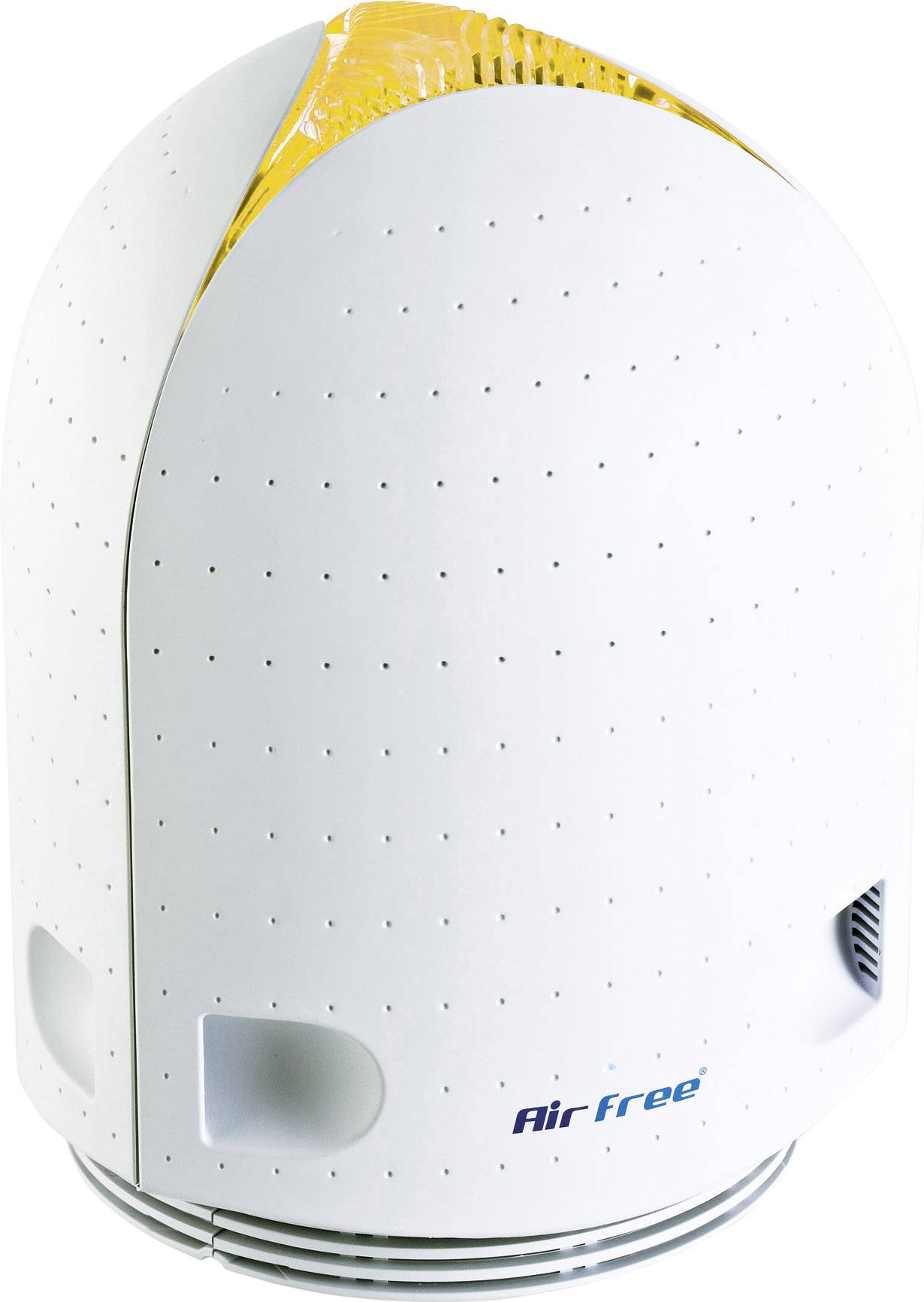 Ein weißer Luftreiniger mit der Aufschrift 'AirFree', zeigt ein modernes, abgerundetes Design mit kleinen Belüftungslöchern.