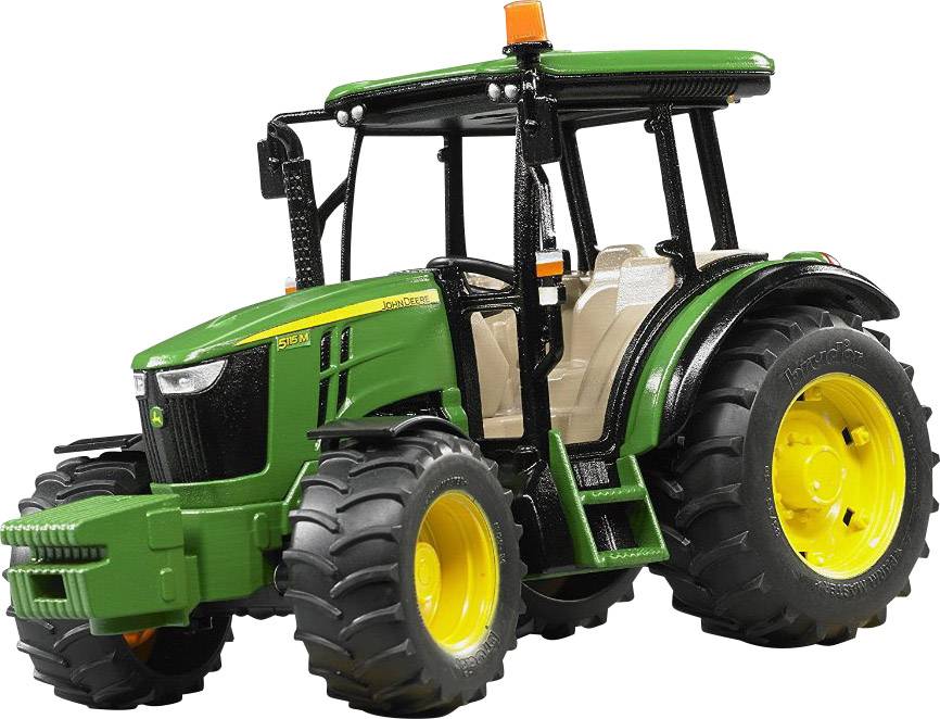 Ein grüner Spielzeugtraktor mit gelben Rädern und einem orangefarbenen Licht oben, detailreich gestaltet.