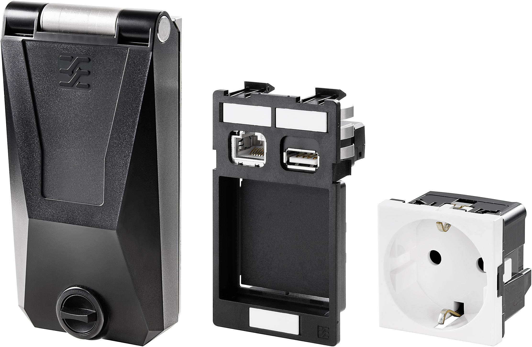 Dreiteiliges Steckdosen- und Anschluss-Modul: Abdeckung, Einsatz mit Netzwerk- und USB-Anschlüssen, weiße Steckdose.
